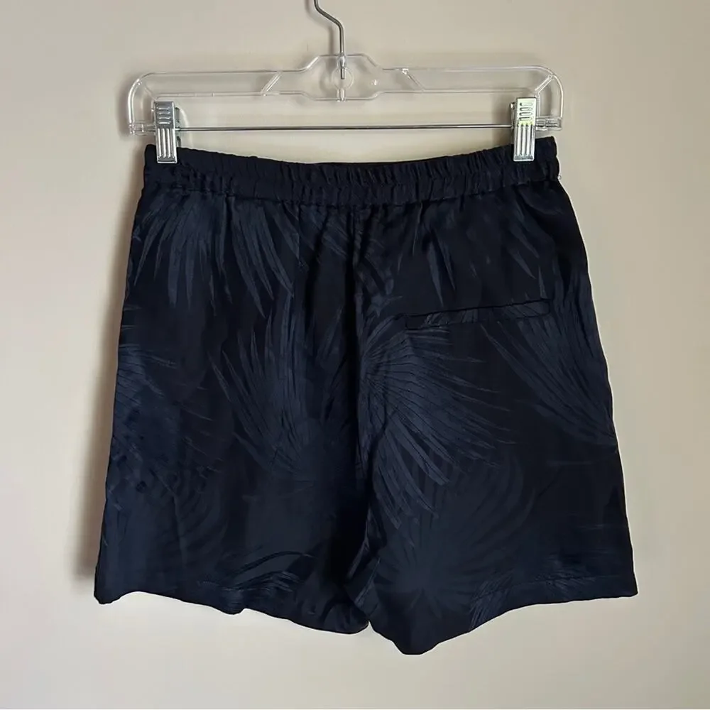 COS Navy Blue Palm Leaf Pattern High Waist Silk Blend 3 Inch Inseam Shorts XS